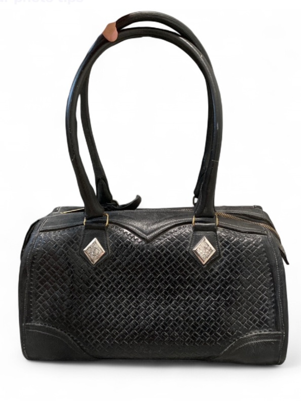 Vintage Black Woven Leather Structured Satchel Handbag